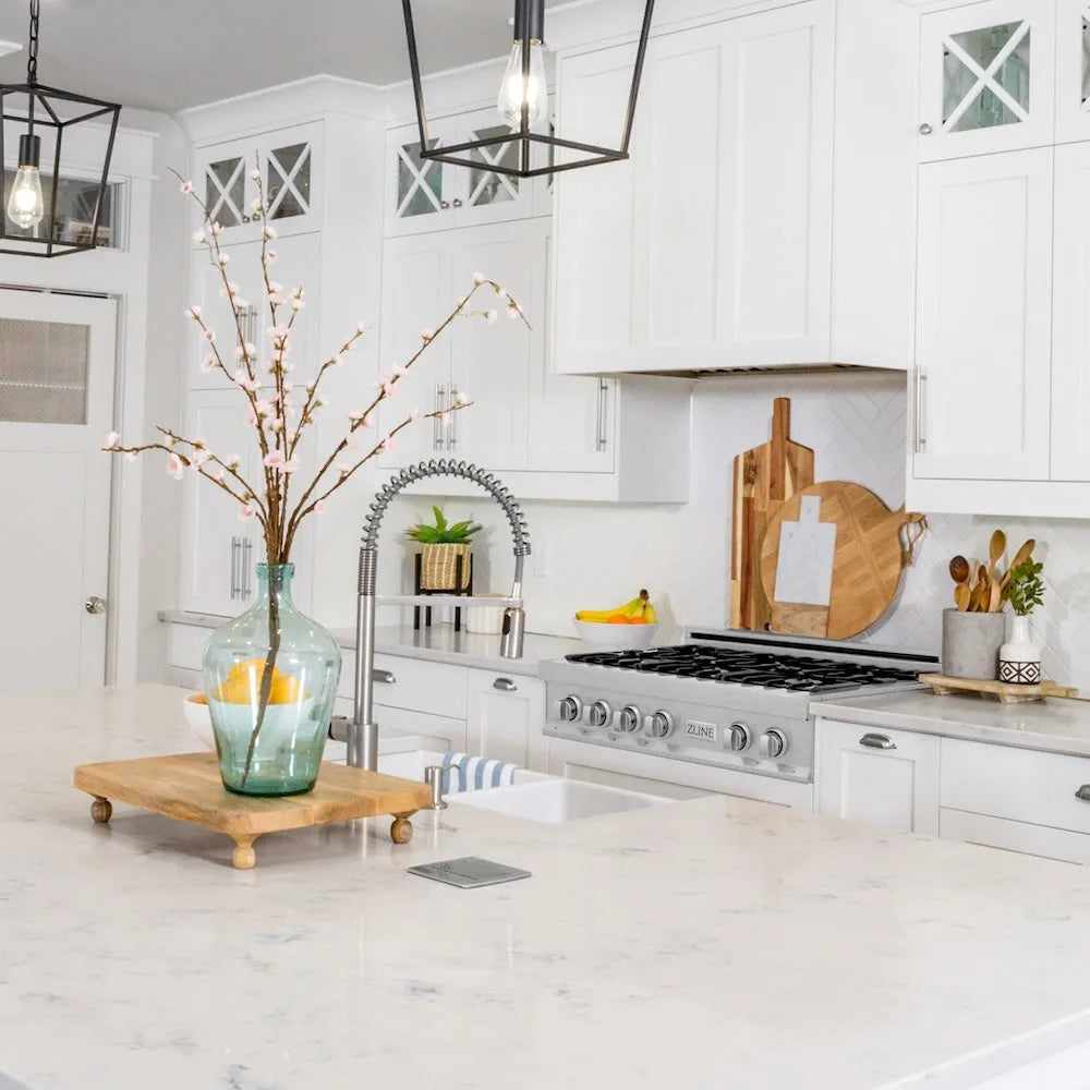 ZLINE 30 in. Legacy Gas Rangetop with 4 Burners and Porcelain Cooktop in Satin Stainless Steel (RTS-30) in a luxury kitchen.