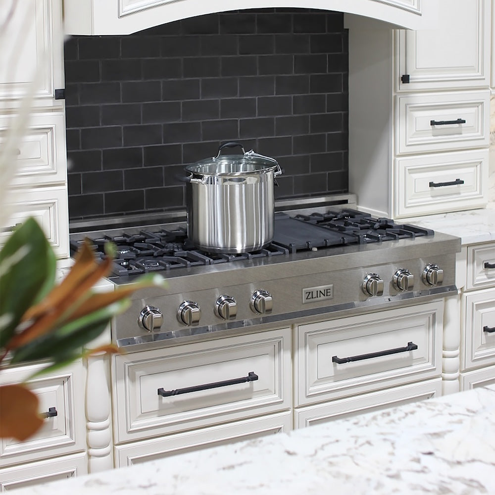 ZLINE 48 in. Legacy Gas Rangetop with 7 Burners and Porcelain Cooktop in Satin Stainless Steel (RTS-48) in a luxury kitchen.