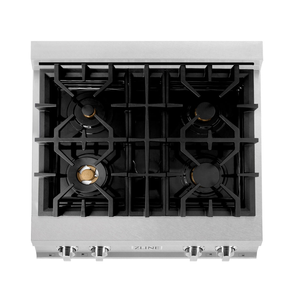 ZLINE 30 in. Legacy Gas Rangetop with 4 Brass Burners and Porcelain Cooktop in Satin Stainless Steel (RTS-BR-30) above.