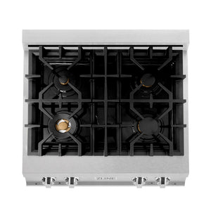 ZLINE 30 in. Legacy Gas Rangetop with 4 Brass Burners and Porcelain Cooktop in Satin Stainless Steel (RTS-BR-30) above.
