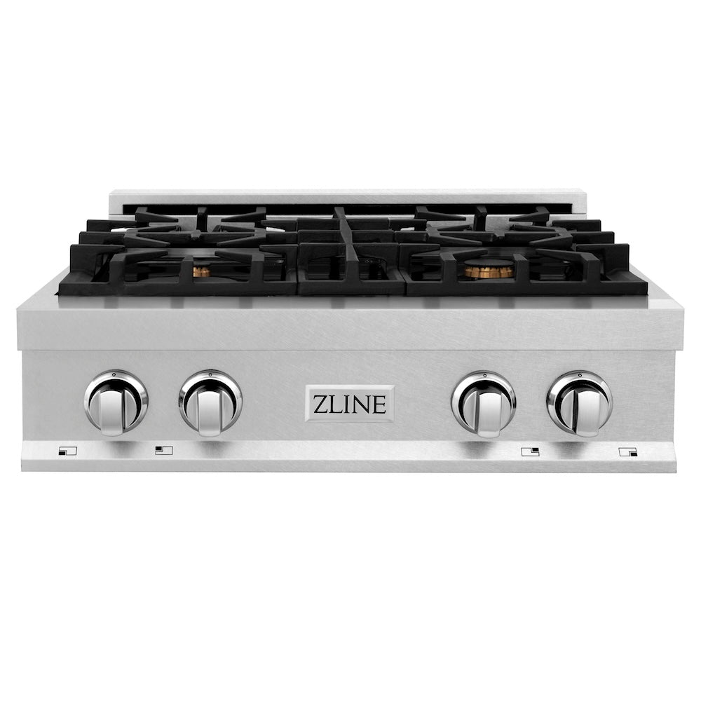 ZLINE 30 in. Legacy Gas Rangetop with 4 Brass Burners and Porcelain Cooktop in Satin Stainless Steel (RTS-BR-30) front.