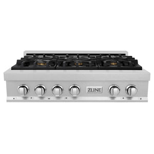 ZLINE 36 in. Legacy Gas Rangetop with 6 Brass Burners and Porcelain Cooktop in Satin Stainless Steel (RTS-BR-36) front.