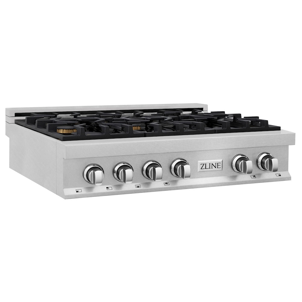 ZLINE 36 in. Legacy Gas Rangetop with 6 Brass Burners and Porcelain Cooktop in Satin Stainless Steel (RTS-BR-36) side.