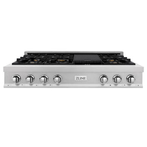 ZLINE 48 in. Legacy Gas Rangetop with 6 Brass Burners and Porcelain Cooktop in Satin Stainless Steel (RTS-BR-48) front.