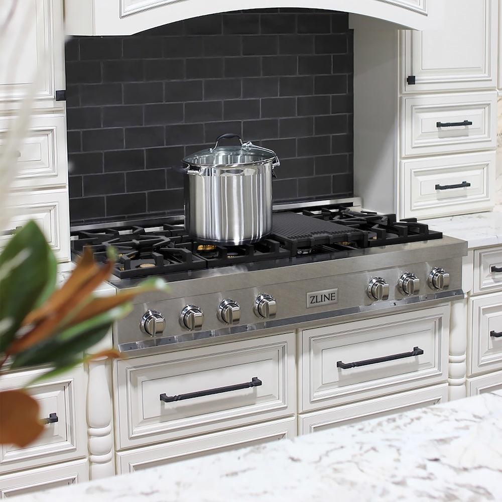 ZLINE 48 in. Legacy Gas Rangetop with 6 Brass Burners and Porcelain Cooktop in Satin Stainless Steel (RTS-BR-48) in a luxury kitchen.
