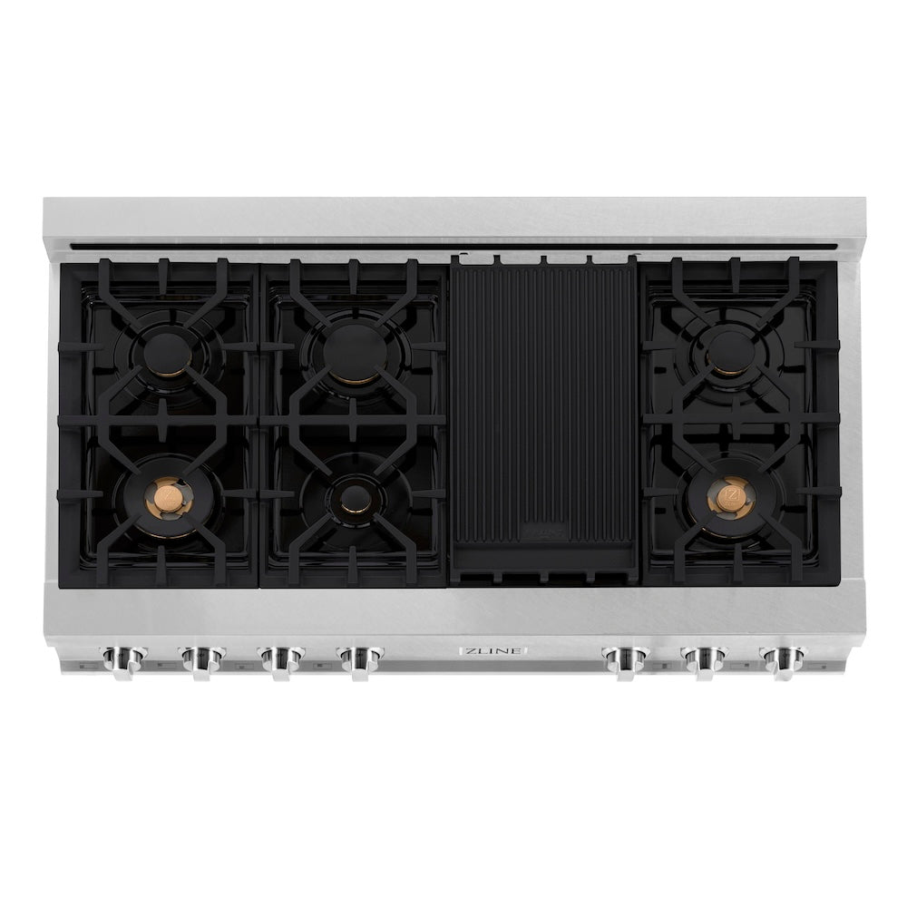 ZLINE 48 in. Legacy Gas Rangetop with 6 Brass Burners and Porcelain Cooktop in Satin Stainless Steel (RTS-BR-48) top-down, above cooktop.