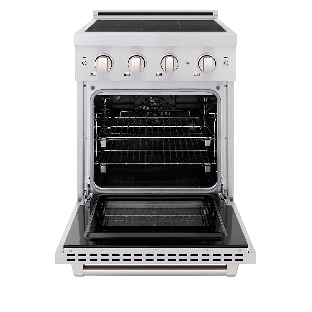 ZLINE 24 in. 3.2 cu. ft. Paramount Induction Range with 3 Element Cooktop and Electric Convection Oven in Satin Stainless Steel (SINRS-24) front, oven open.