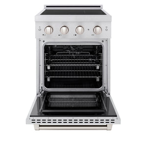 ZLINE 24 in. 3.2 cu. ft. Paramount Induction Range with 3 Element Cooktop and Electric Convection Oven in Satin Stainless Steel (SINRS-24) front, oven open.