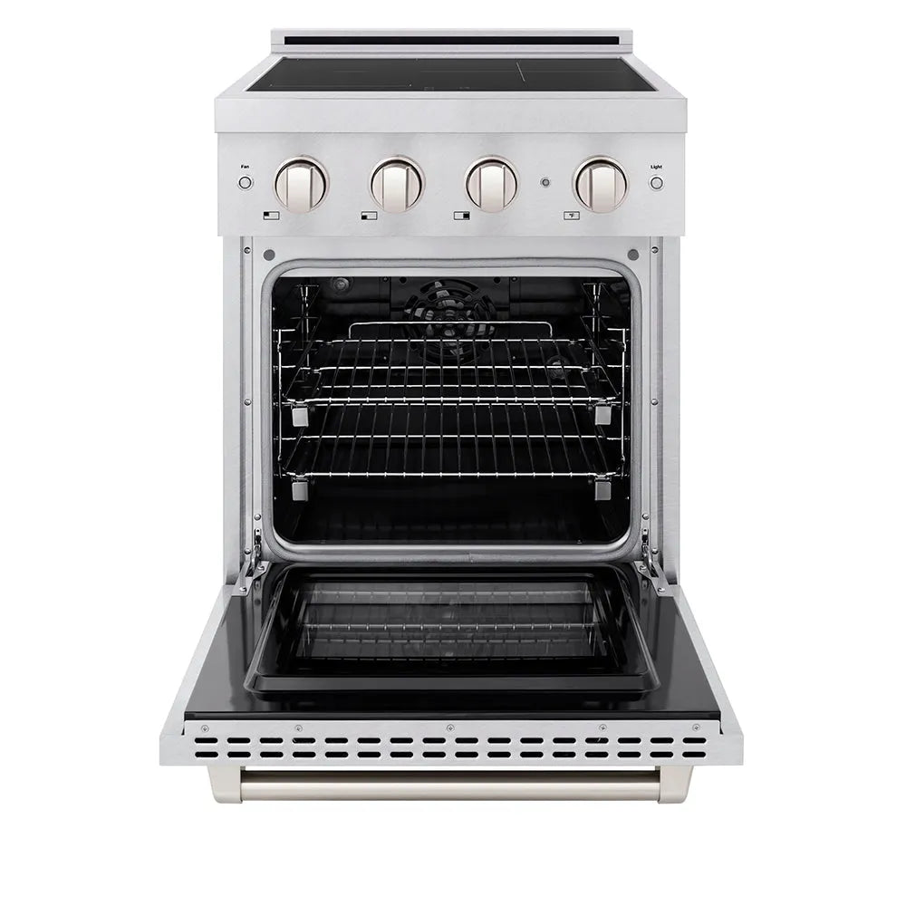 ZLINE 24 in. 3.2 cu. ft. Paramount Induction Range with 3 Element Cooktop and Electric Convection Oven in Satin Stainless Steel (SINRS-24) front, oven open.