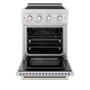 ZLINE 24 in. 3.2 cu. ft. Paramount Induction Range with 3 Element Cooktop and Electric Convection Oven in Satin Stainless Steel (SINRS-24) front, oven open.