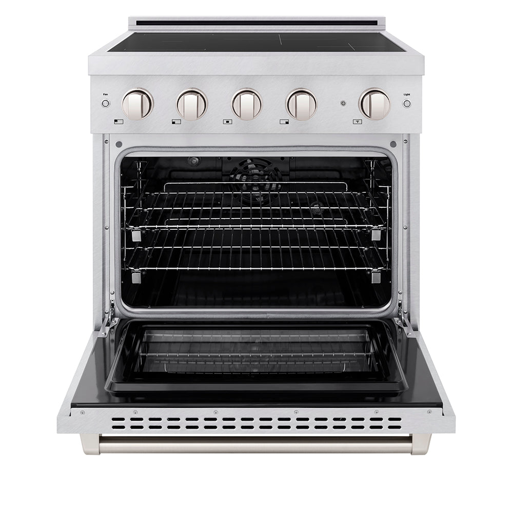 ZLINE 30 in. 4.2 cu. ft. Paramount Induction Range with 4 Element Cooktop and Electric Convection Oven in Satin Stainless Steel (SINRS-30) front, oven open.