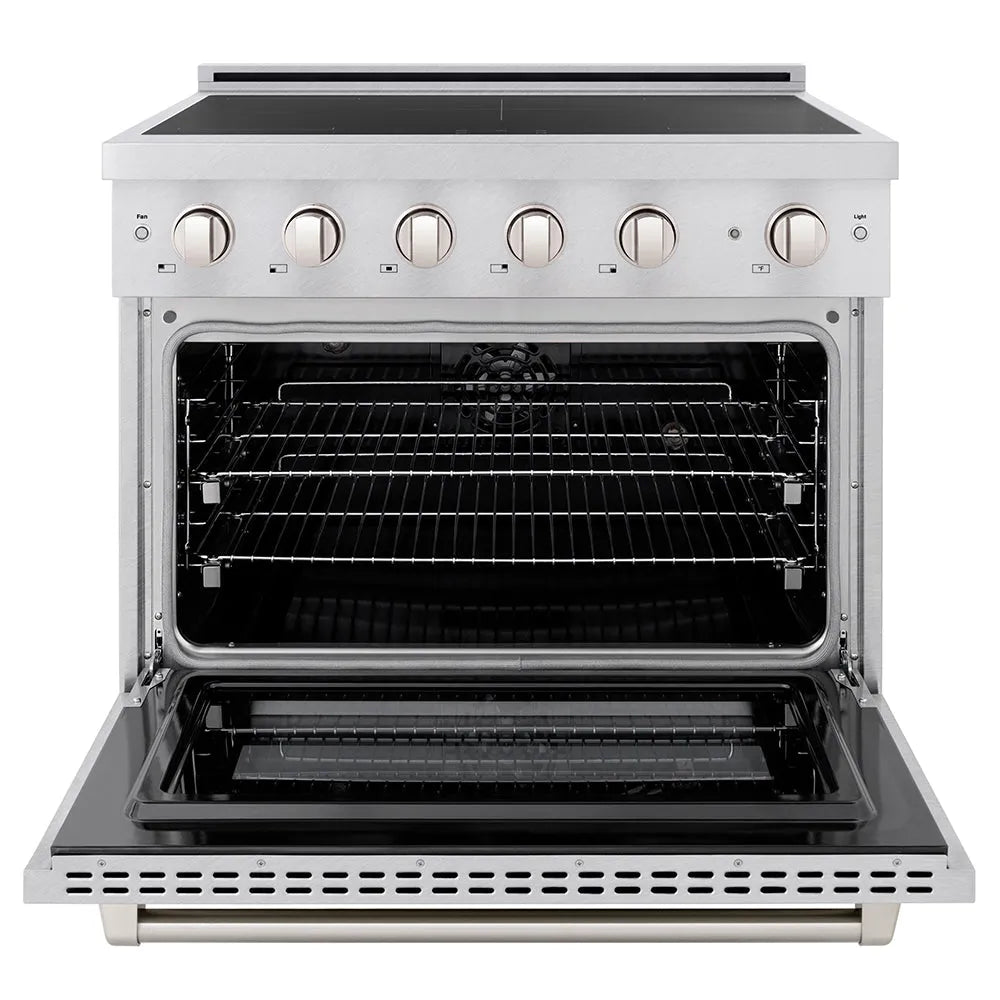 ZLINE 36 in. 5.2 cu. ft. Paramount Induction Range with 5 Element Cooktop and Electric Convection Oven in Satin Stainless Steel (SINRS-36) front, oven open.