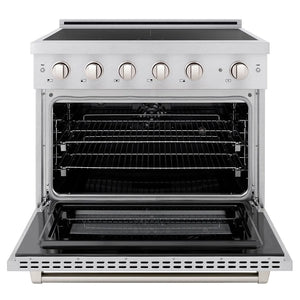 ZLINE 36 in. 5.2 cu. ft. Paramount Induction Range with 5 Element Cooktop and Electric Convection Oven in Satin Stainless Steel (SINRS-36) front, oven open.