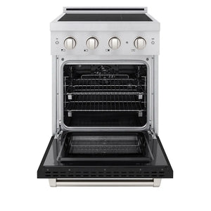 ZLINE 24 in. 3.2 cu. ft. Paramount Induction Range with 3 Element Cooktop and Electric Convection Oven in Satin Stainless Steel with Black Matte Door (SINRS-BLM-24) front, oven open.
