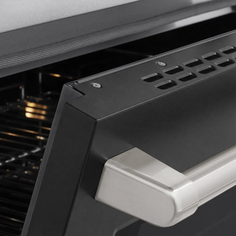 ZLINE 24 in. 3.2 cu. ft. Paramount Induction Range with 3 Element Cooktop and Electric Convection Oven in Satin Stainless Steel with Black Matte Door (SINRS-BLM-24) close-up, oven door handle.