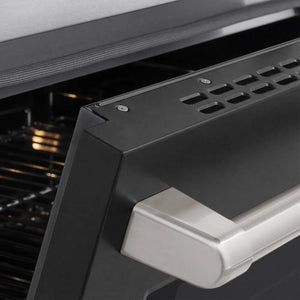 ZLINE 24 in. 3.2 cu. ft. Paramount Induction Range with 3 Element Cooktop and Electric Convection Oven in Satin Stainless Steel with Black Matte Door (SINRS-BLM-24) close-up, oven door handle.