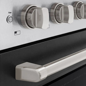 ZLINE 24 in. 3.2 cu. ft. Paramount Induction Range with 3 Element Cooktop and Electric Convection Oven in Satin Stainless Steel with Black Matte Door (SINRS-BLM-24) close-up, oven and cooktop knobs.