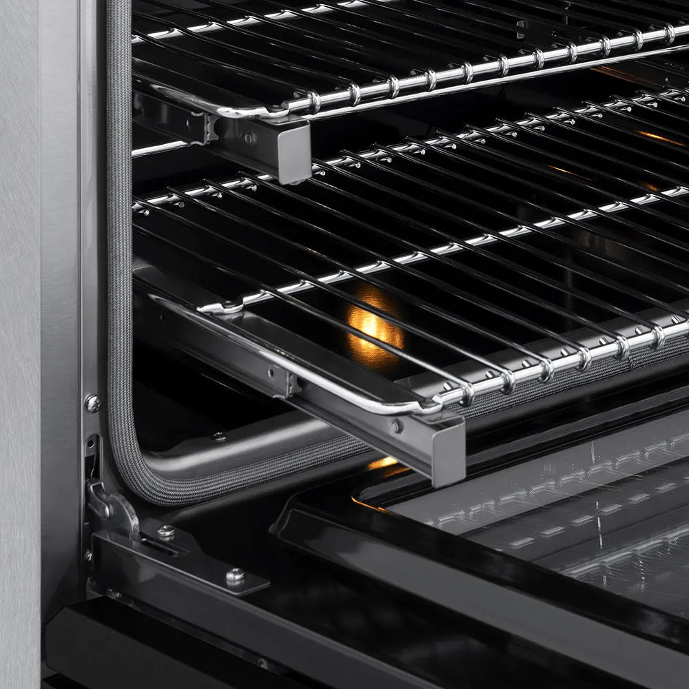 ZLINE 24 in. 3.2 cu. ft. Paramount Induction Range with 3 Element Cooktop and Electric Convection Oven in Satin Stainless Steel with Black Matte Door (SINRS-BLM-24) close-up, Smooth Glide oven racks from side.