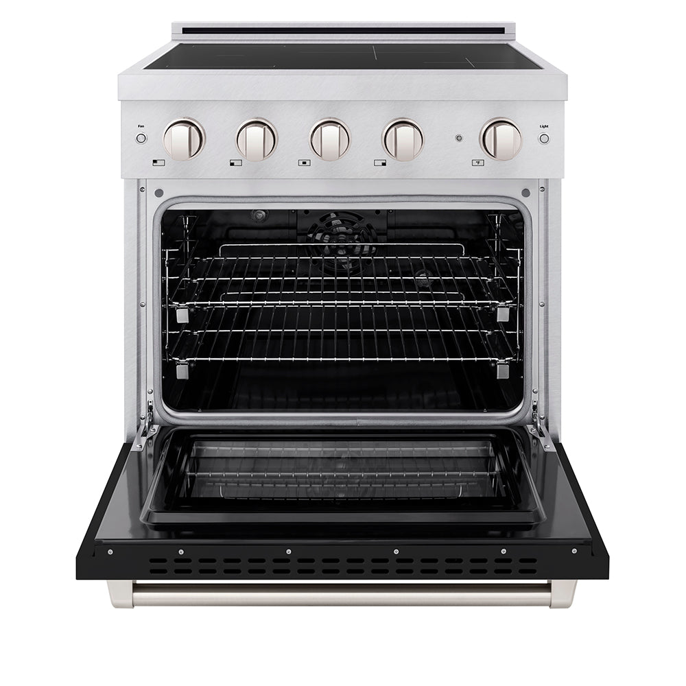 ZLINE 30 in. 4.2 cu. ft. Paramount Induction Range with 4 Element Cooktop and Electric Convection Oven in Satin Stainless Steel with Black Matte Door (SINRS-BLM-30) front, oven open.