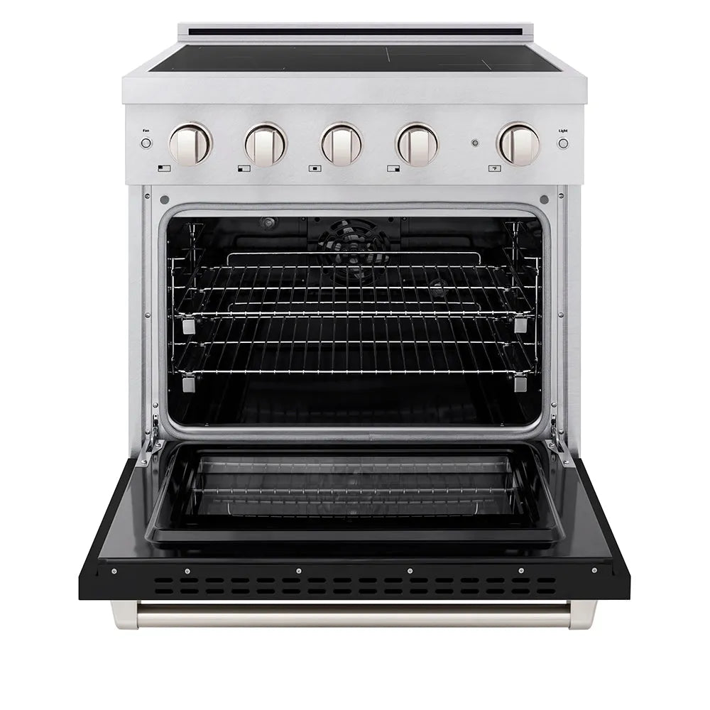 ZLINE 30 in. 4.2 cu. ft. Paramount Induction Range with 4 Element Cooktop and Electric Convection Oven in Satin Stainless Steel with Black Matte Door (SINRS-BLM-30) front, oven open.