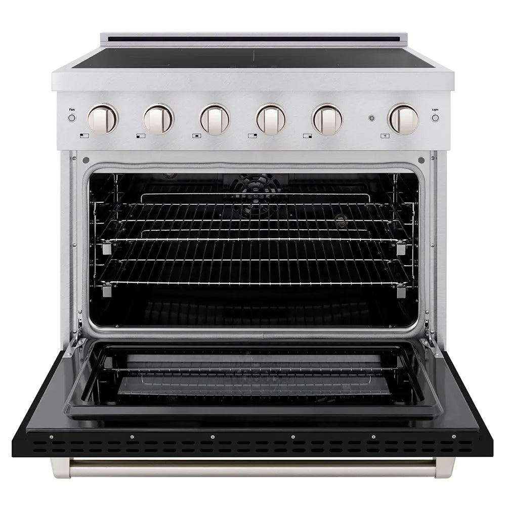 ZLINE 36 in. 5.2 cu. ft. Paramount Induction Range with 5 Element Cooktop and Electric Convection Oven in Satin Stainless Steel with Black Matte Door (SINRS-BLM-36) front, oven open.