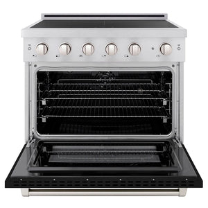 ZLINE 36 in. 5.2 cu. ft. Paramount Induction Range with 5 Element Cooktop and Electric Convection Oven in Satin Stainless Steel with Black Matte Door (SINRS-BLM-36) front, oven open.