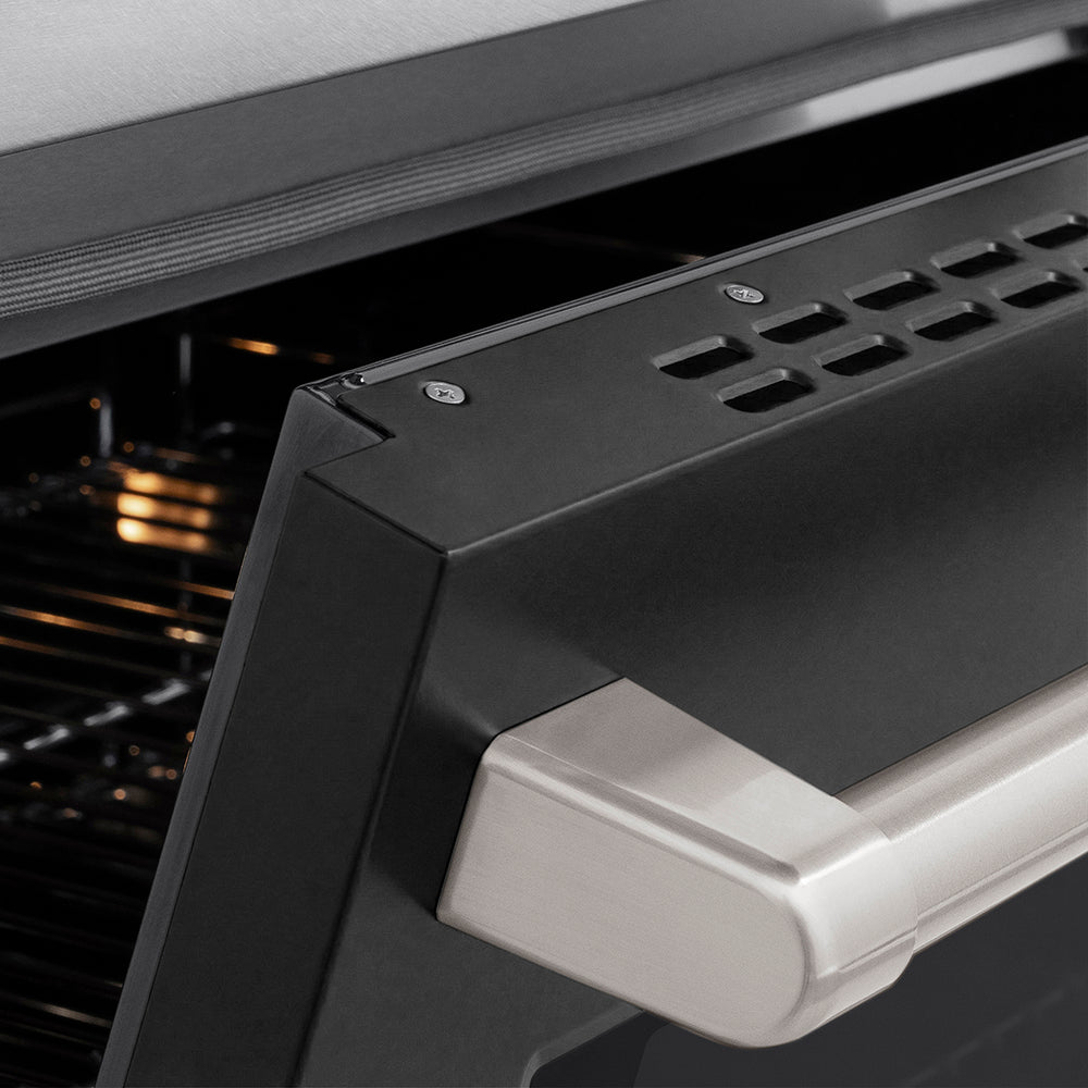 ZLINE 36 in. 5.2 cu. ft. Paramount Induction Range with 5 Element Cooktop and Electric Convection Oven in Satin Stainless Steel with Black Matte Door (SINRS-BLM-36) close-up, oven slightly open, showing oven door handle.