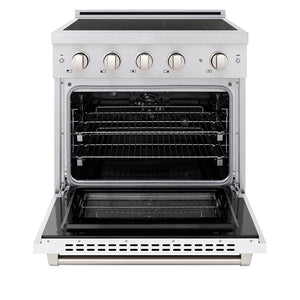 ZLINE 30 in. 4.2 cu. ft. Paramount Induction Range with 4 Element Cooktop and Electric Convection Oven in Satin Stainless Steel with White Matte Door (SINRS-WM-30) front, oven open.