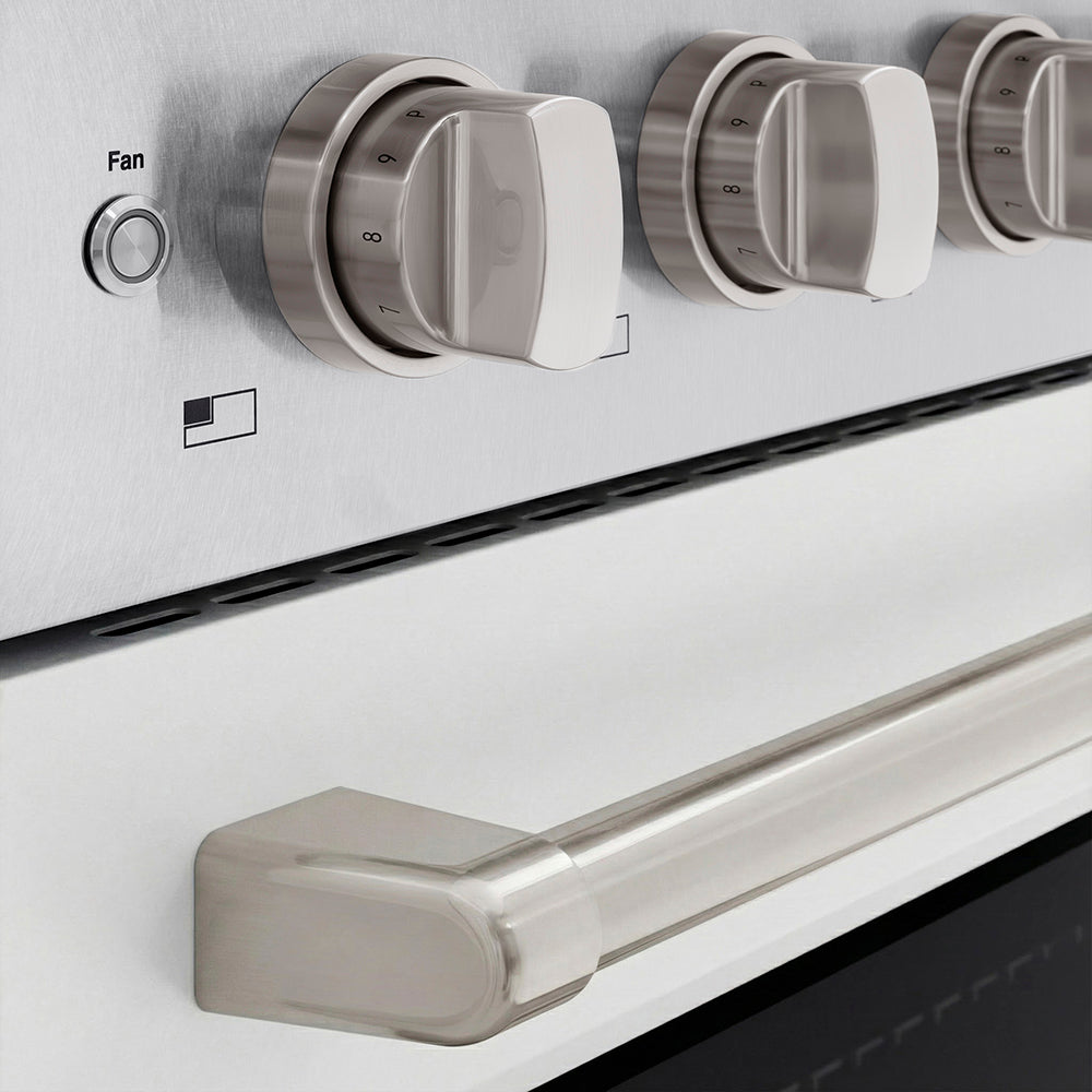 ZLINE 30 in. 4.2 cu. ft. Paramount Induction Range with 4 Element Cooktop and Electric Convection Oven in Satin Stainless Steel with White Matte Door (SINRS-WM-30) close-up, cooktop and oven knobs.