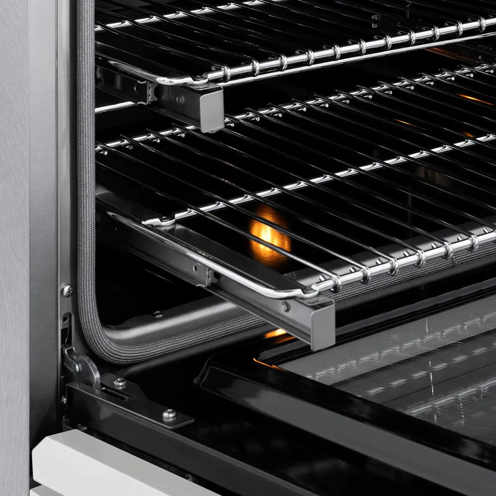ZLINE 30 in. 4.2 cu. ft. Paramount Induction Range with 4 Element Cooktop and Electric Convection Oven in Satin Stainless Steel with White Matte Door (SINRS-WM-30) close-up, oven open showing SmoothGlide racks and interior components.
