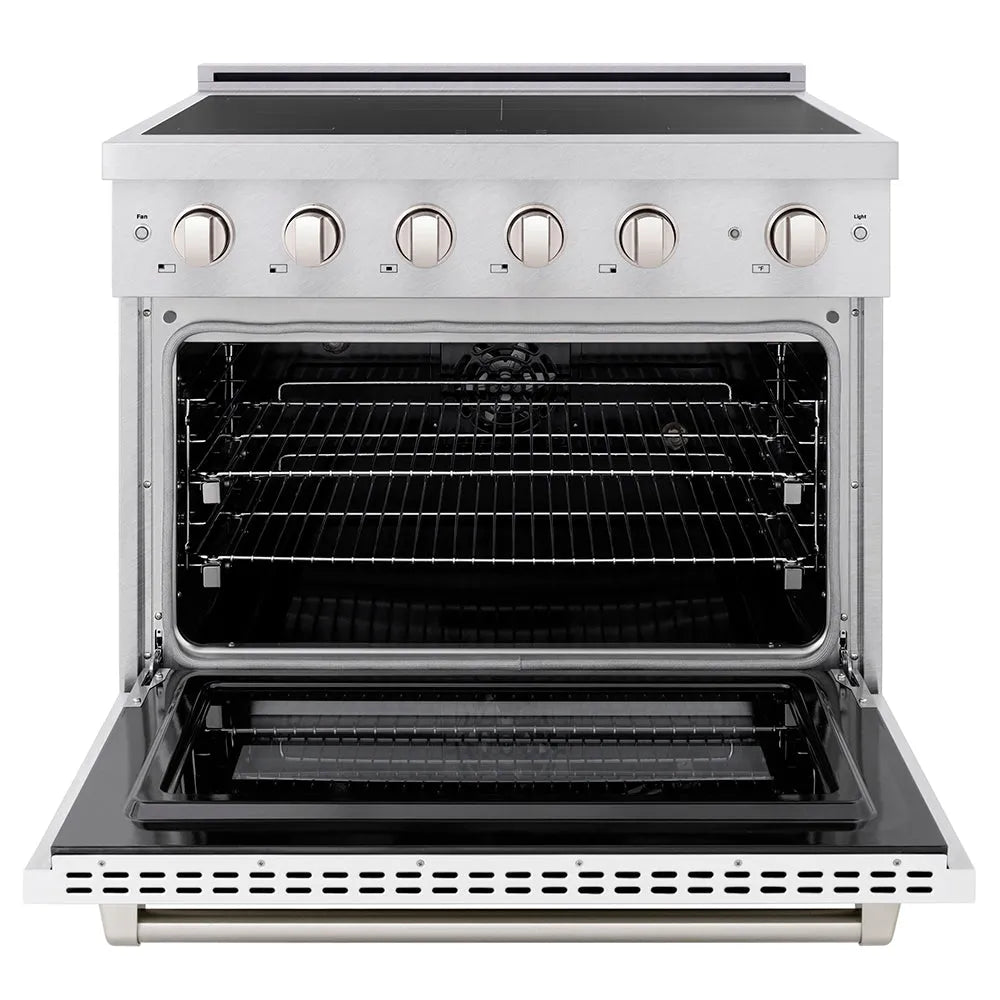 ZLINE 36 in. 5.2 cu. ft. Paramount Induction Range with 5 Element Cooktop and Electric Convection Oven in Satin Stainless Steel with White Matte Door (SINRS-WM-36) front, oven open.