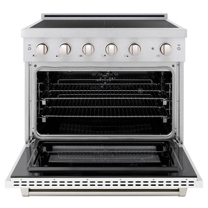 ZLINE 36 in. 5.2 cu. ft. Paramount Induction Range with 5 Element Cooktop and Electric Convection Oven in Satin Stainless Steel with White Matte Door (SINRS-WM-36) front, oven open.