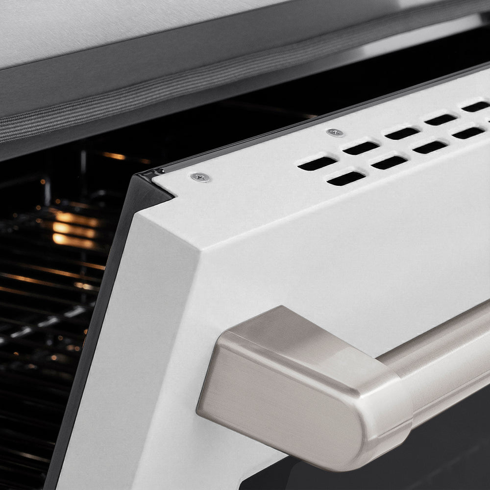 ZLINE 36 in. 5.2 cu. ft. Paramount Induction Range with 5 Element Cooktop and Electric Convection Oven in Satin Stainless Steel with White Matte Door (SINRS-WM-36) close-up, oven slightly open, showing oven door handle.