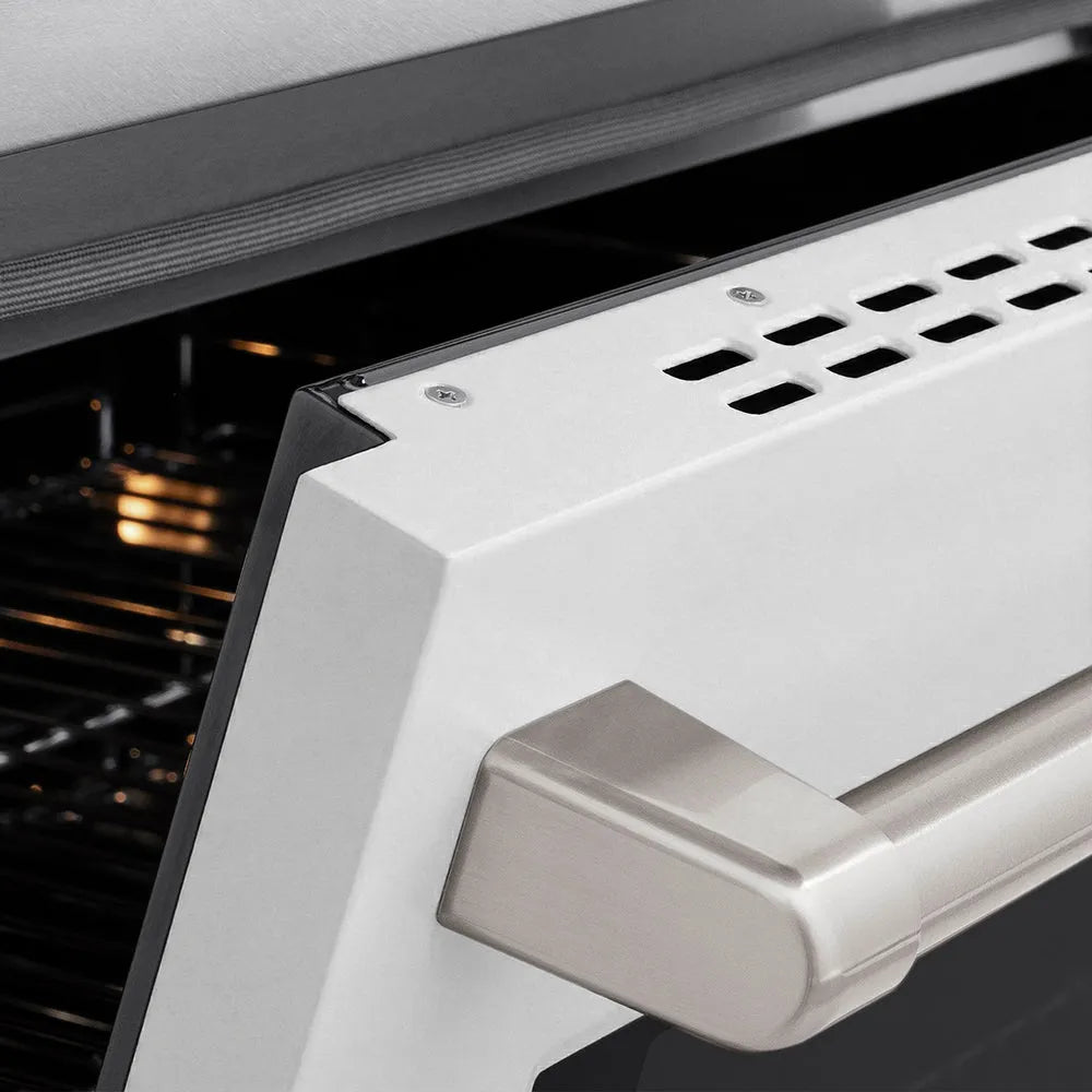 ZLINE 36 in. 5.2 cu. ft. Paramount Induction Range with 5 Element Cooktop and Electric Convection Oven in Satin Stainless Steel with White Matte Door (SINRS-WM-36) close-up, oven slightly open, showing oven door handle.
