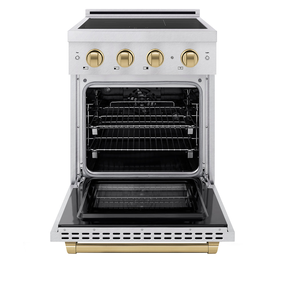 ZLINE Autograph Edition 24 in. 3.2 cu. ft. Paramount Induction Range with 3 Element Cooktop and Electric Convection Oven in Satin Stainless Steel with Champagne Bronze Accents (SINRSZ-24-CB) front, oven open.