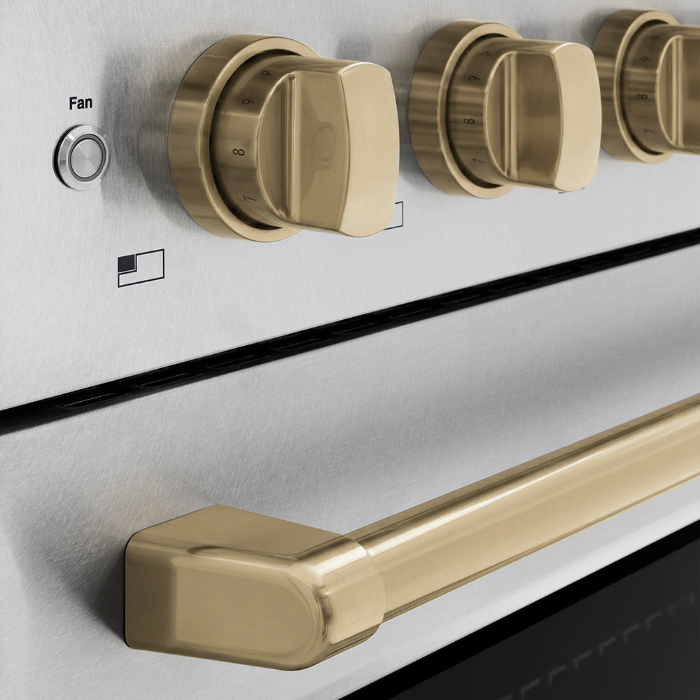 ZLINE Autograph Edition 24 in. 3.2 cu. ft. Paramount Induction Range with 3 Element Cooktop and Electric Convection Oven in Satin Stainless Steel with Champagne Bronze Accents (SINRSZ-24-CB) close-up, cooktop and oven knobs.