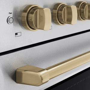 ZLINE Autograph Edition 24 in. 3.2 cu. ft. Paramount Induction Range with 3 Element Cooktop and Electric Convection Oven in Satin Stainless Steel with Champagne Bronze Accents (SINRSZ-24-CB) close-up, cooktop and oven knobs.