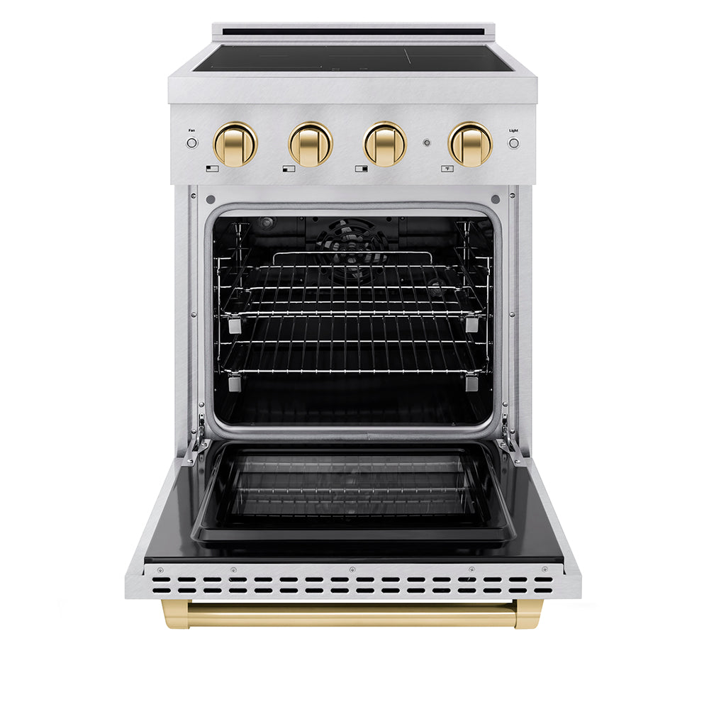 ZLINE Autograph Edition 24 in. 3.2 cu. ft. Paramount Induction Range with 3 Element Cooktop and Electric Convection Oven in Satin Stainless Steel with Polished Gold Accents (SINRSZ-24-G) front, oven open.