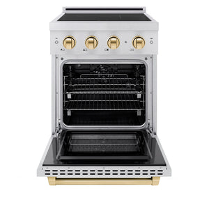 ZLINE Autograph Edition 24 in. 3.2 cu. ft. Paramount Induction Range with 3 Element Cooktop and Electric Convection Oven in Satin Stainless Steel with Polished Gold Accents (SINRSZ-24-G) front, oven open.