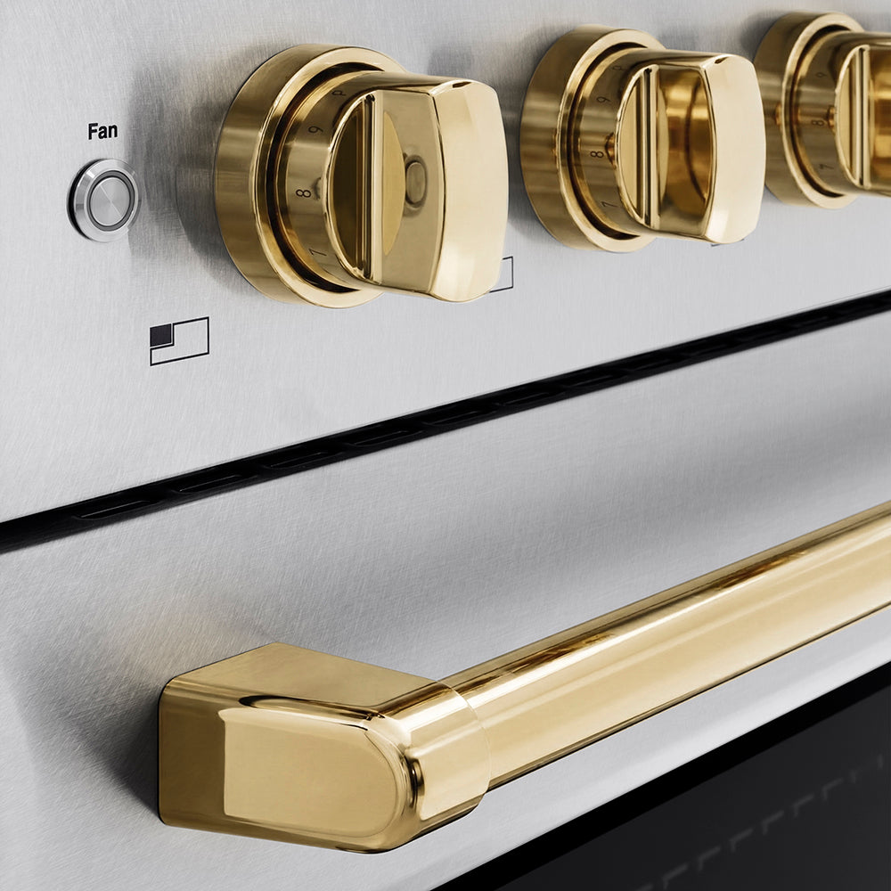 ZLINE Autograph Edition 24 in. 3.2 cu. ft. Paramount Induction Range with 3 Element Cooktop and Electric Convection Oven in Satin Stainless Steel with Polished Gold Accents (SINRSZ-24-G) close-up, cooktop and oven knobs.