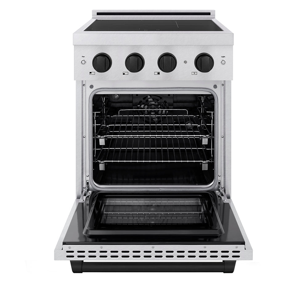 ZLINE Autograph Edition 24 in. 3.2 cu. ft. Paramount Induction Range with 3 Element Cooktop and Electric Convection Oven in Satin Stainless Steel with Matte Black Accents (SINRSZ-24-MB) front, oven open.