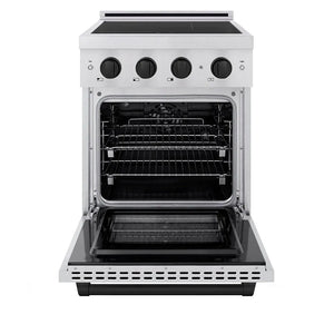 ZLINE Autograph Edition 24 in. 3.2 cu. ft. Paramount Induction Range with 3 Element Cooktop and Electric Convection Oven in Satin Stainless Steel with Matte Black Accents (SINRSZ-24-MB) front, oven open.