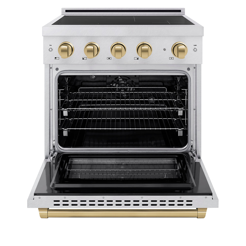 ZLINE Autograph Edition 30 in. 4.2 cu. ft. Paramount Induction Range with 4 Element Cooktop and Electric Convection Oven in Satin Stainless Steel with Champagne Bronze Accents (SINRSZ-30-CB) front, oven open.