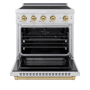 ZLINE Autograph Edition 30 in. 4.2 cu. ft. Paramount Induction Range with 4 Element Cooktop and Electric Convection Oven in Satin Stainless Steel with Champagne Bronze Accents (SINRSZ-30-CB) front, oven open.