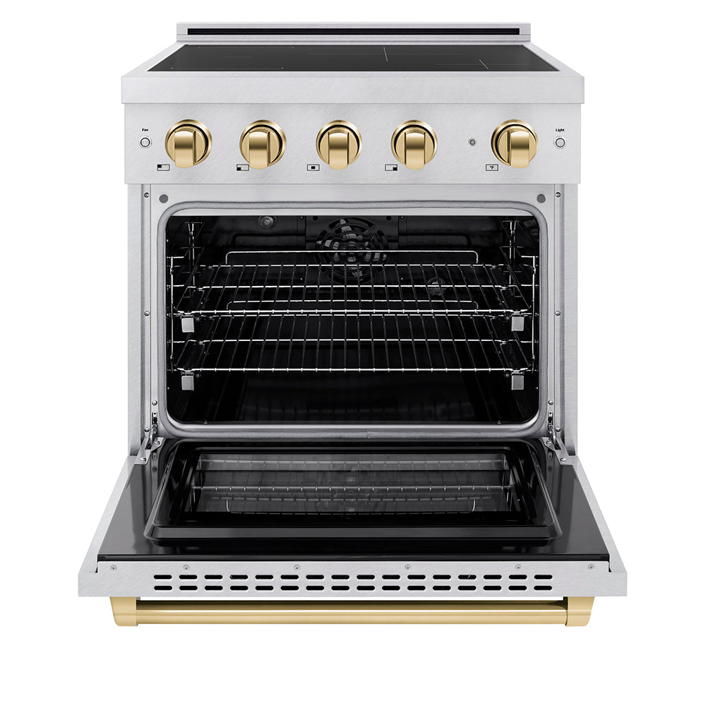 ZLINE Autograph Edition 30 in. 4.2 cu. ft. Paramount Induction Range with 4 Element Cooktop and Electric Convection Oven in Satin Stainless Steel with Polished Gold Accents (SINRSZ-30-G) front, oven open.