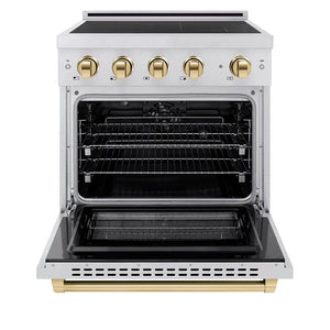 ZLINE Autograph Edition 30 in. 4.2 cu. ft. Paramount Induction Range with 4 Element Cooktop and Electric Convection Oven in Satin Stainless Steel with Polished Gold Accents (SINRSZ-30-G) front, oven open.