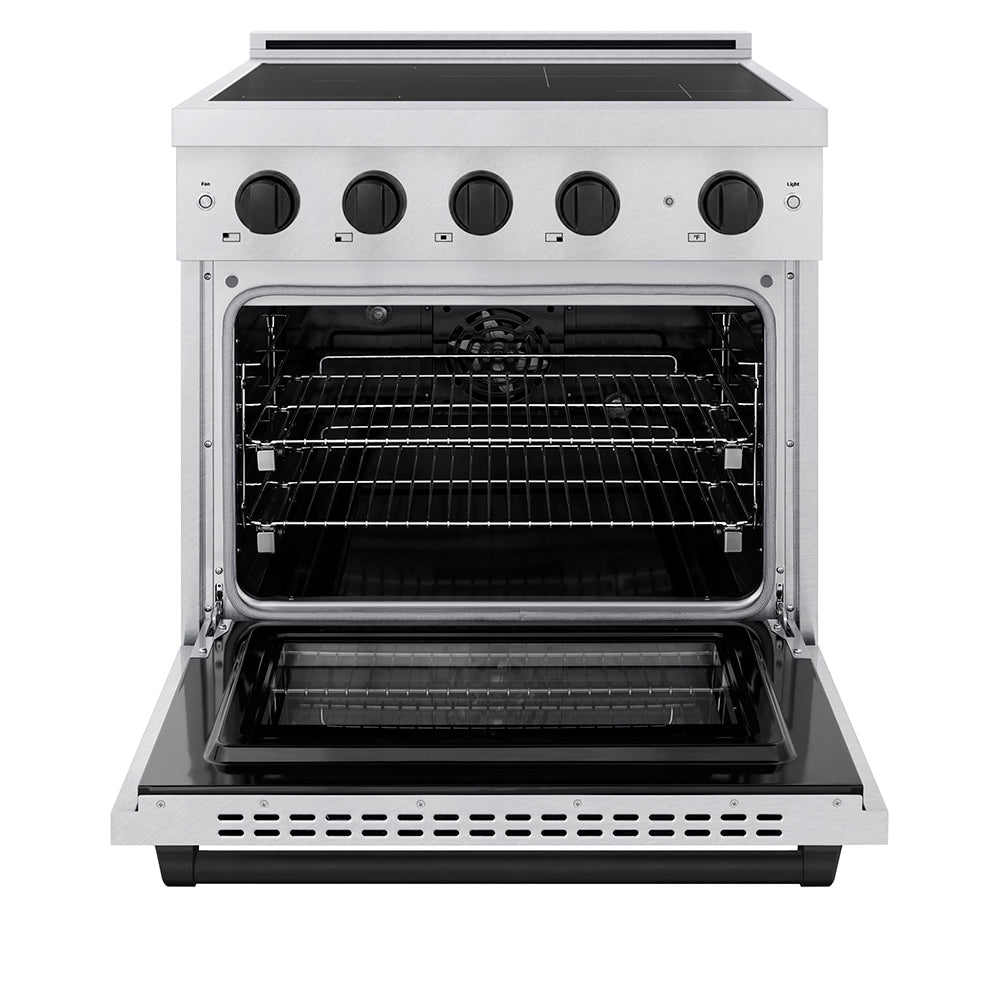 ZLINE Autograph Edition 30 in. 4.2 cu. ft. Paramount Induction Range with 4 Element Cooktop and Electric Convection Oven in Satin Stainless Steel with Matte Black Accents (SINRSZ-30-MB) front, oven open.