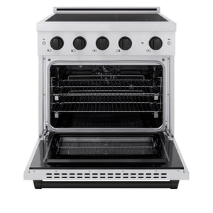 ZLINE Autograph Edition 30 in. 4.2 cu. ft. Paramount Induction Range with 4 Element Cooktop and Electric Convection Oven in Satin Stainless Steel with Matte Black Accents (SINRSZ-30-MB) front, oven open.