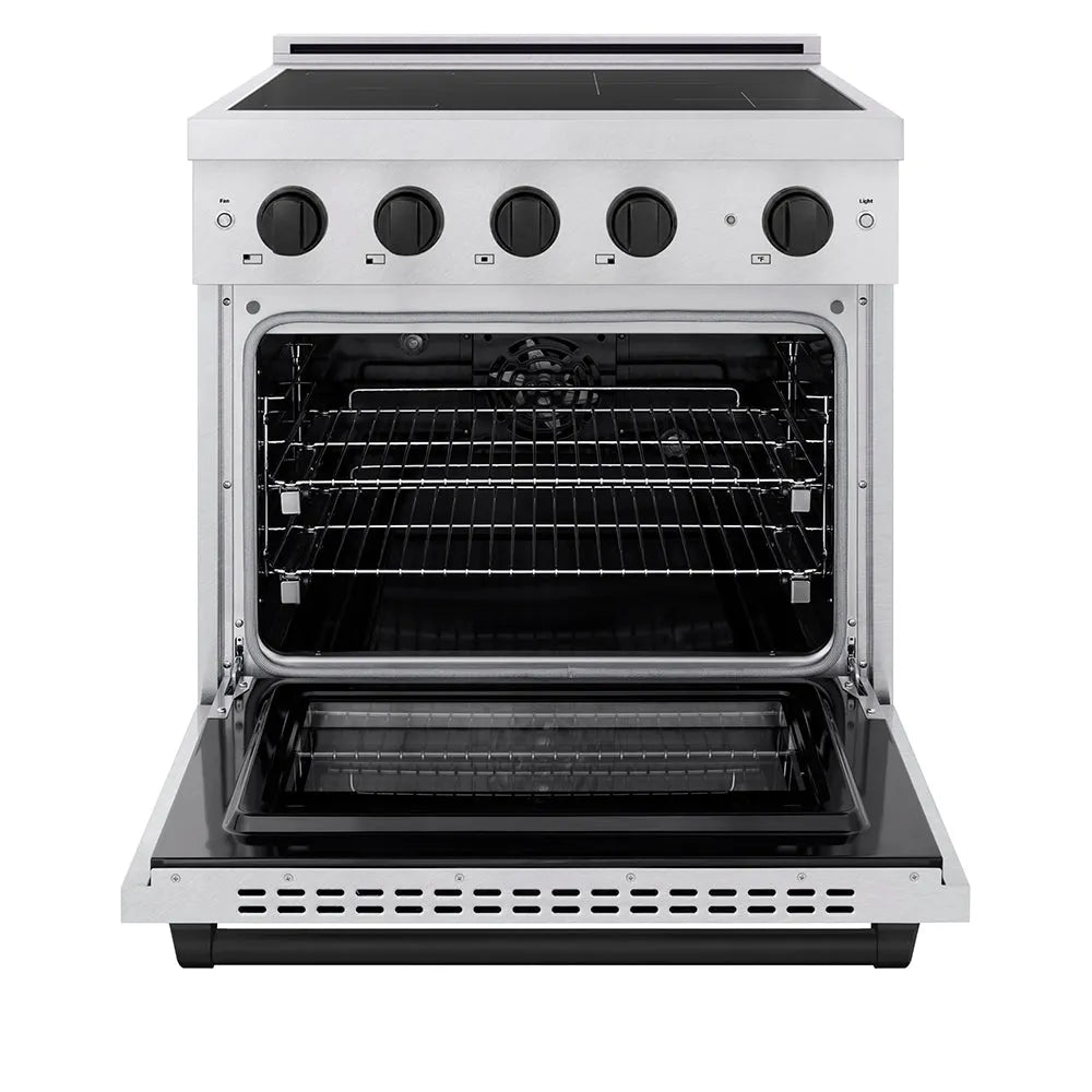 ZLINE Autograph Edition 30 in. 4.2 cu. ft. Paramount Induction Range with 4 Element Cooktop and Electric Convection Oven in Satin Stainless Steel with Matte Black Accents (SINRSZ-30-MB) front, oven open.