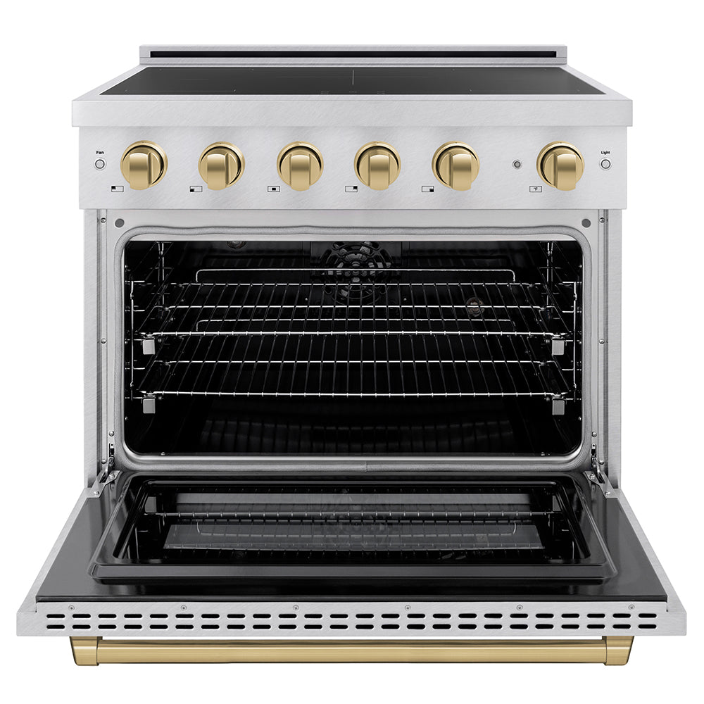 ZLINE Autograph Edition 36 in. 5.2 cu. ft. Paramount Induction Range with 5 Element Cooktop and Electric Convection Oven in Satin Stainless Steel with Champagne Bronze Accents (SINRSZ-36-CB) front, oven open.